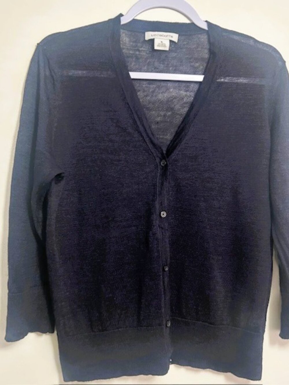 Liz Claiborne Cardigan Sweater XL Navy Blue Almost Sheer 3/4 Sleeves Read